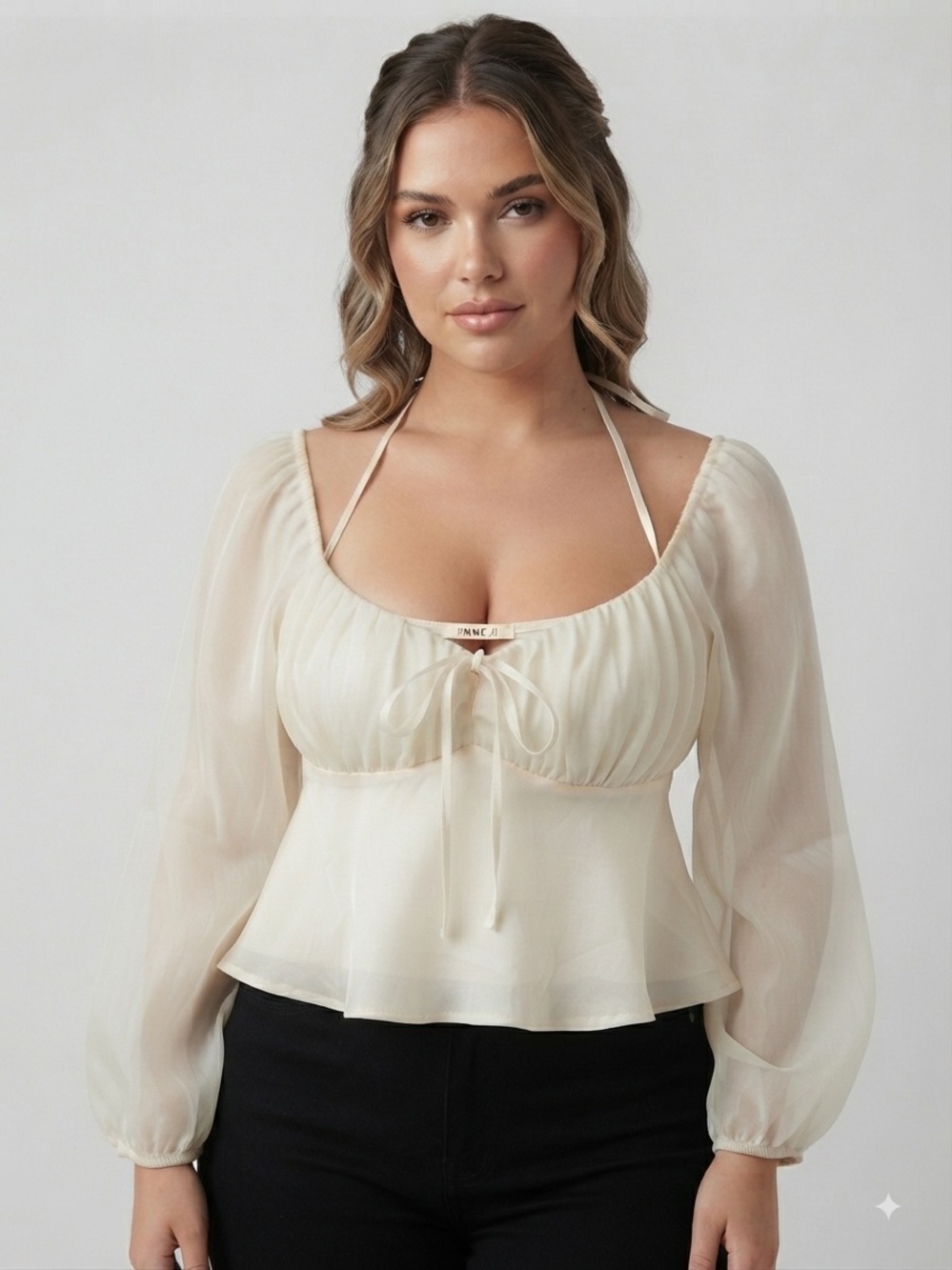 Forever 21 Ivory Satin-Look Tie Front Peasant Blouse